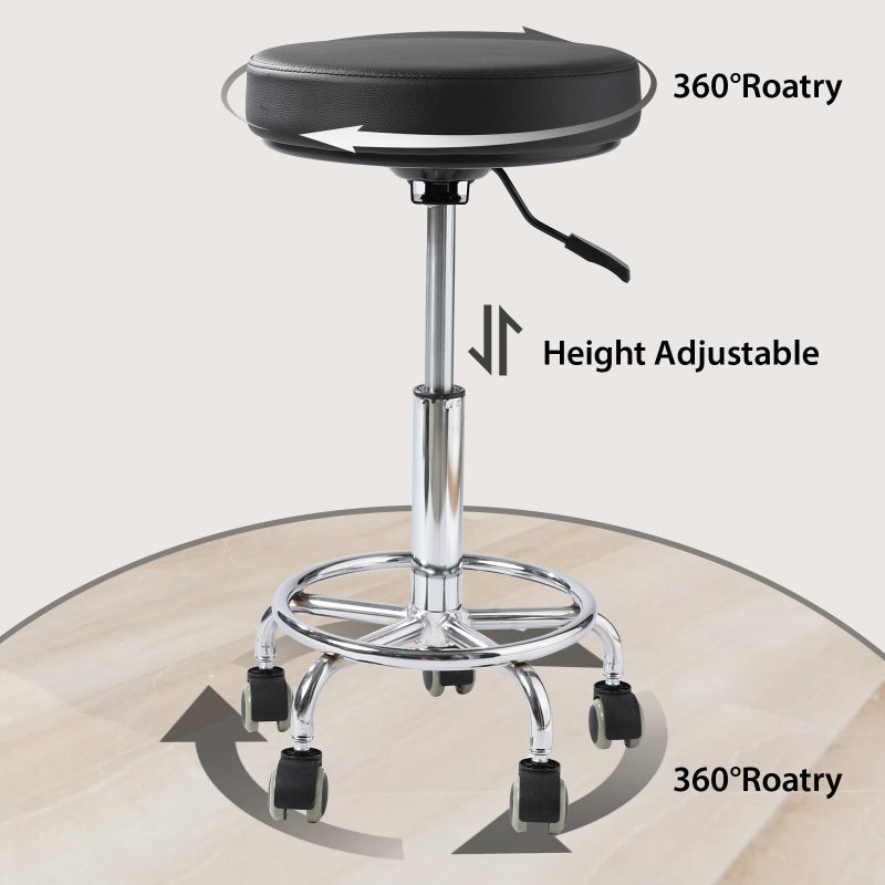 LIMKOMES Adjustable Rolling Stool with Wheels Heavy Duty 500lb Round Rolling Stool with Footrest, Patent Leather Drafting Stool Chair with Wheels Work Spa Salon Seat, Black - Image 4