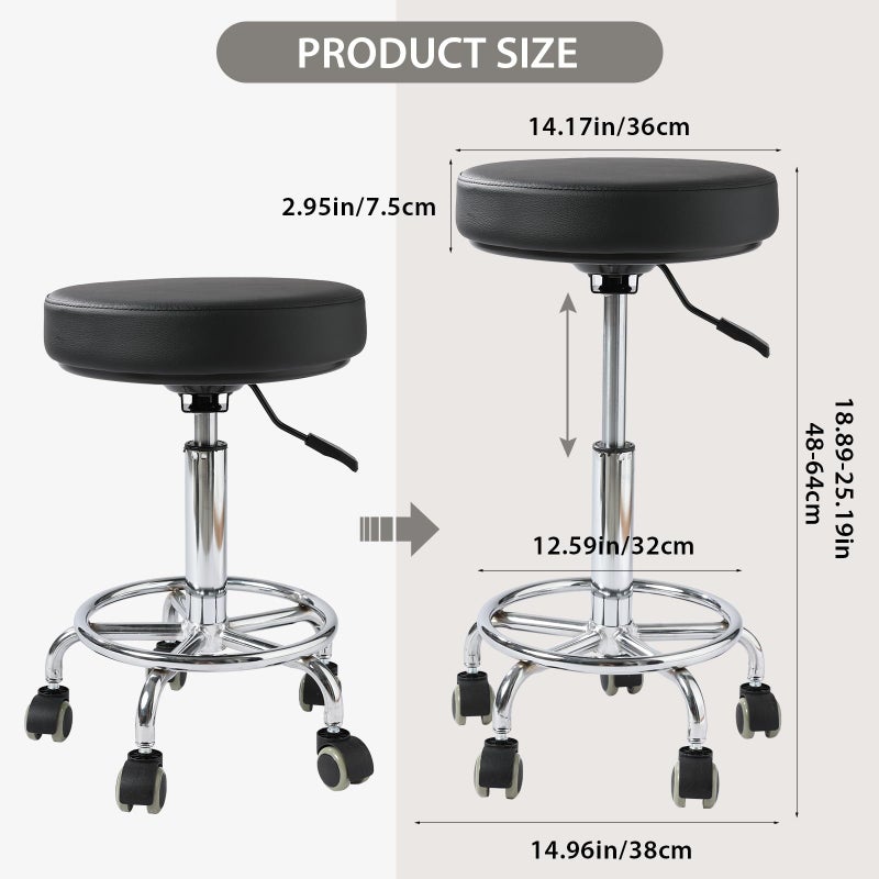 LIMKOMES Adjustable Rolling Stool with Wheels Heavy Duty 500lb Round Rolling Stool with Footrest, Patent Leather Drafting Stool Chair with Wheels Work Spa Salon Seat, Black - Image 2