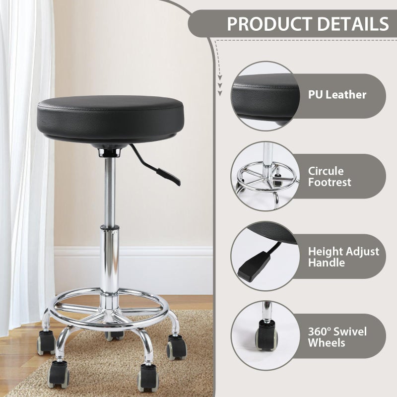LIMKOMES Adjustable Rolling Stool with Wheels Heavy Duty 500lb Round Rolling Stool with Footrest, Patent Leather Drafting Stool Chair with Wheels Work Spa Salon Seat, Black - Image 3