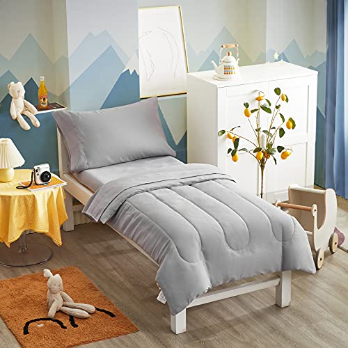 UOZZI BEDDING 4 Pieces Toddler Bedding Set Ultra Soft and Breathable Toddler Sheet Set - Includes Comforter, Flat Sheet, Fitted Sheet and Pillowcase - Gray - Image 2