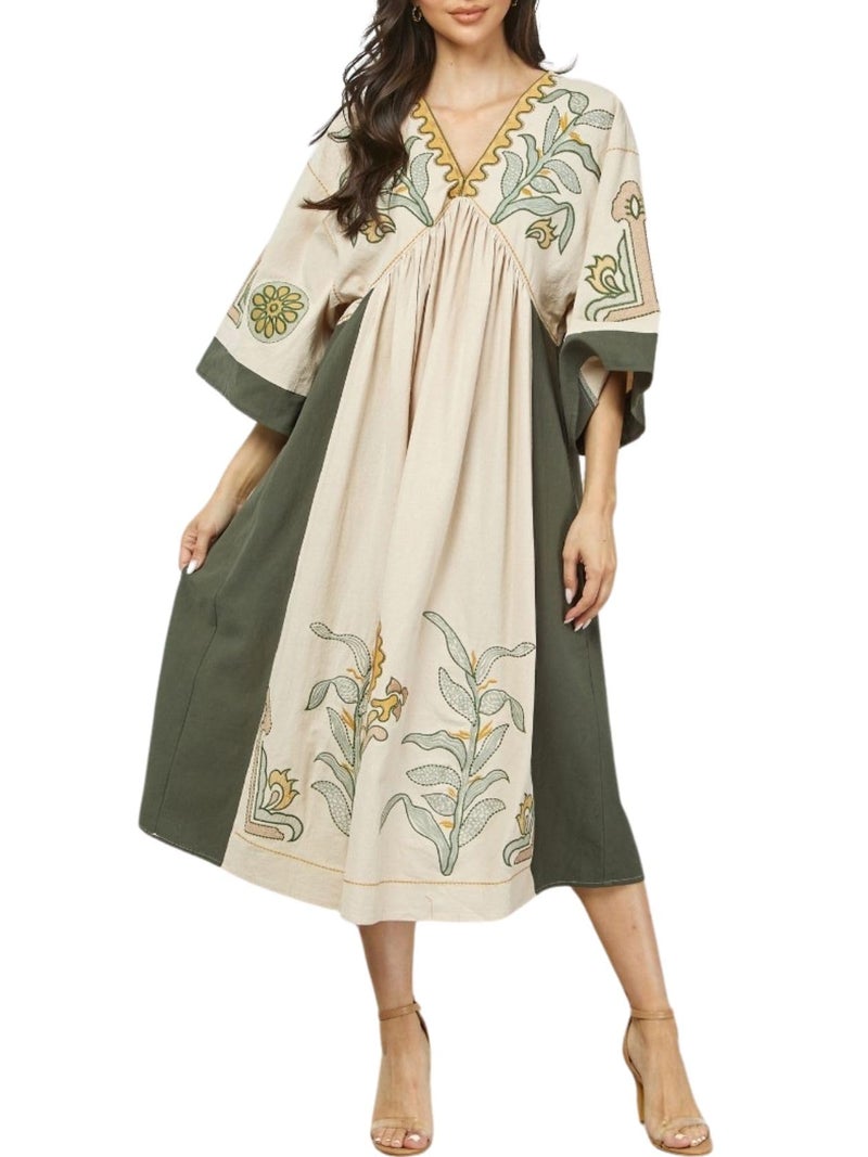 Joiemont Womens Oversized Floral Embroidered Long Dress with V-Neck and 3/4 Sleeves Vintage Embroidery Babydoll Dress(0652-Olive-S) - Image 1
