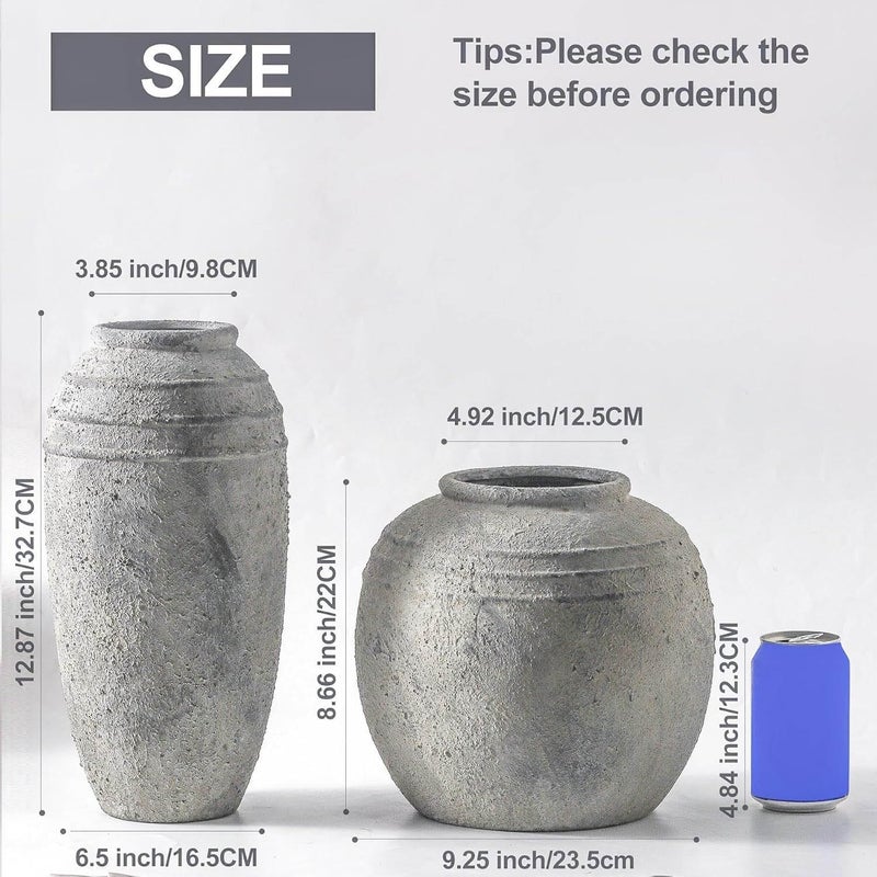 Lyeec Large Ceramic Flower Vase, 8.66 inch Tall Round Rustic Farmhouse Vase for Home Decor, Wide Mouth, Living Room Shelf Decor, Enterway, Table - Image 3