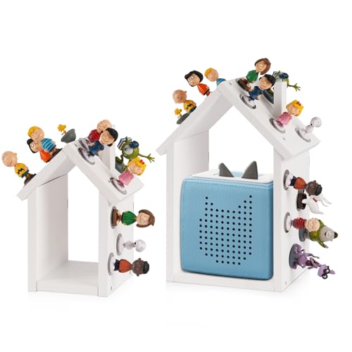 for Tonies Shelf Magnetic for Tonies Figure Organizer Kids Room Wooden Display Shelf for Tonies Box Holder Wall Floating Shelves Toy Storage House Shape Set of 2 with 38Pcs Metal Plate White