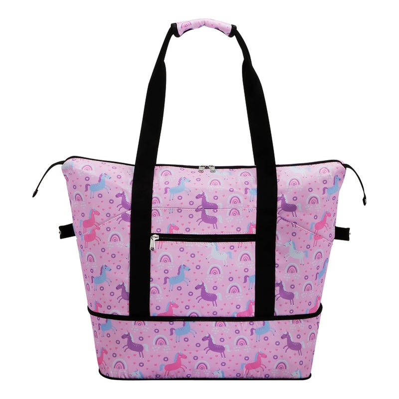 HAWEE Expandable Duffel Bag for Women with Trolley Sleeve and Wet Pocket Water Repellent Weekender Travel Tote Large Capacity Carry On Overnight Luggage for GymTripCampingBeach Unicorn Pink - Image 2