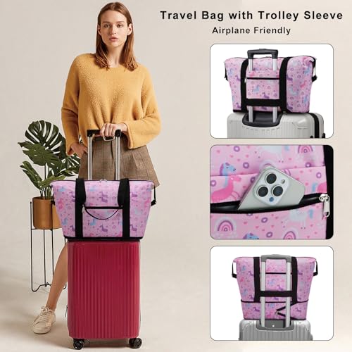 HAWEE Expandable Duffel Bag for Women with Trolley Sleeve and Wet Pocket Water Repellent Weekender Travel Tote Large Capacity Carry On Overnight Luggage for GymTripCampingBeach Unicorn Pink - Image 3