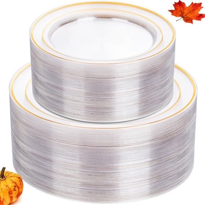 102 PCS CLEAR GOLD PLASTIC PLATES DISPOSABLE PARTY PLATES GOLD DISPOSABLE INCLUDE 51 DINNER PLATES AND 51 DESSERT PLATES PLASTIC PLATES FOR PARTY HOLIDAY WEDDING BIRTHDAY