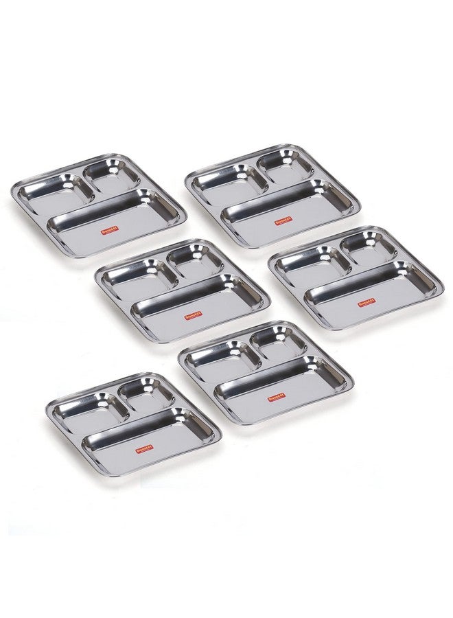 Sumeet Stainless Steel 3 in 1 Idli WADA Compartment Plate/Snack Plate/Breakfast Plate Set of 6Pcs, 21.7cm Dia, Silver - Image 1