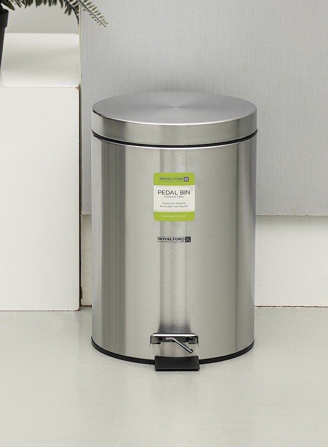 Royalford 20 Litre Stainless Steel Pedal Bins RF12092 Round Hands Free Kitchen Garbage Trash Bins Soft-Close Lid Silver - Image 2