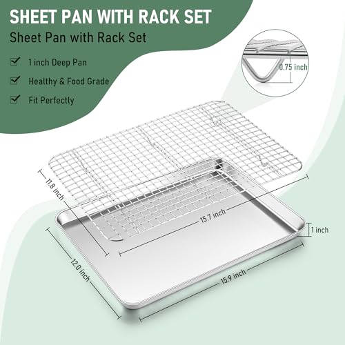 Homikit Baking Sheet with Wire Rack Set 1 Pan1 Rack 16 x 12 Stainless Steel Cookie Bacon Pan for Oven Nonstick Jelly Roll Pan Baking Tray with Grid Cooling Rack for Cook Roast Dishwasher Safe - Image 3