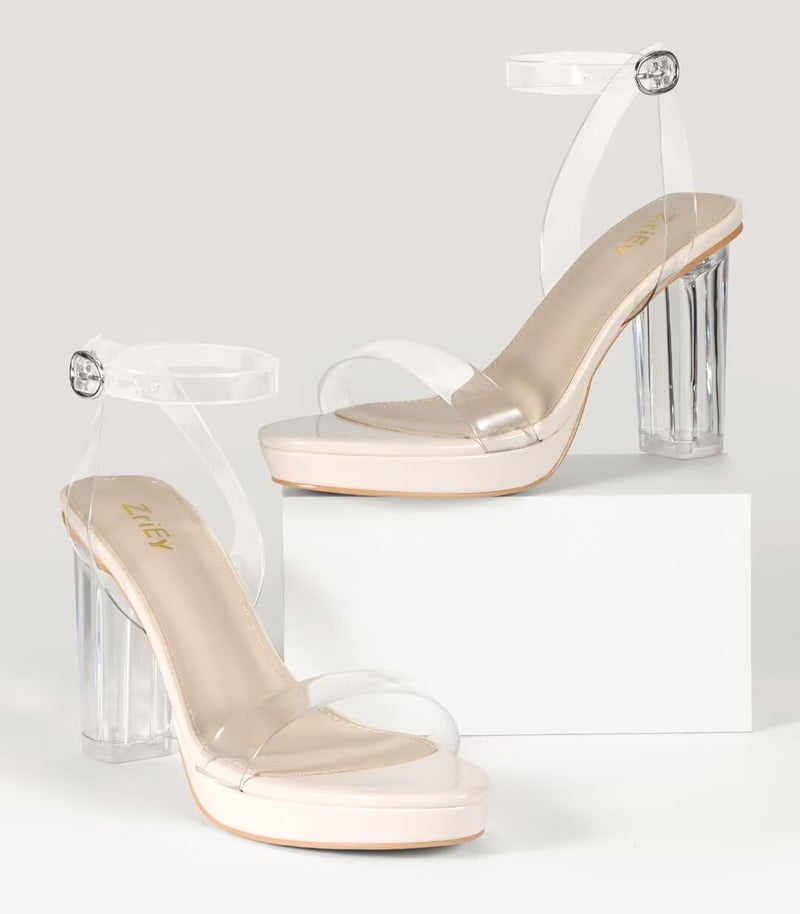 ZriEy 4-Inch Platform Clear High Heels for Women Block Chunky Heeled Sandals Open Toe Ankle Strap Heels Wedding Party Evening Prom Dress Pump Sandals Shoes Beige Clear Size 6 - Image 2