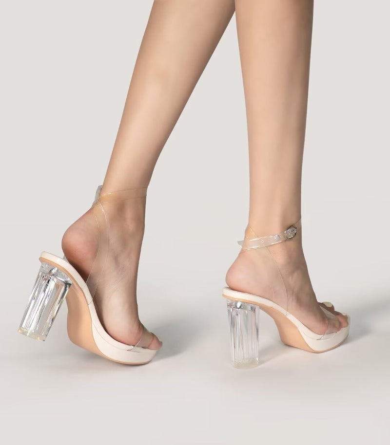 ZriEy 4-Inch Platform Clear High Heels for Women Block Chunky Heeled Sandals Open Toe Ankle Strap Heels Wedding Party Evening Prom Dress Pump Sandals Shoes Beige Clear Size 6 - Image 4