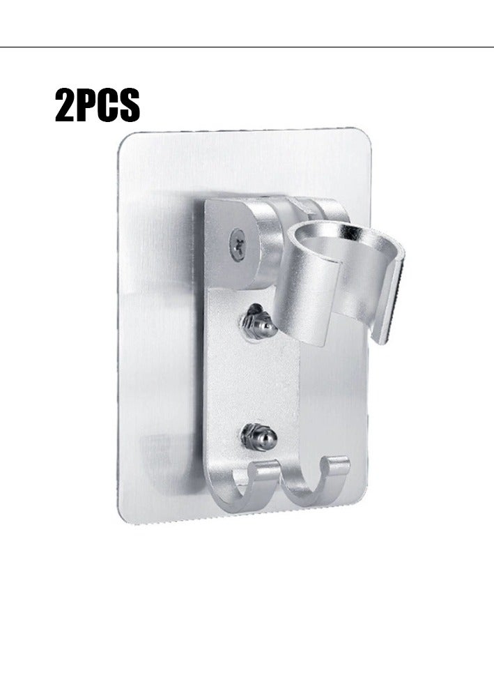 MJZ Adjustable Shower Head Holder Wall Mount Shower Bracket built in 2 hanger Hooks, Strong Adhesive Aluminum Shower Holder, Heavy Duty Handheld Shower Holder for Bathroom, Easy Installation No-Damage Hanging Strips, Space Aluminum - Image 1