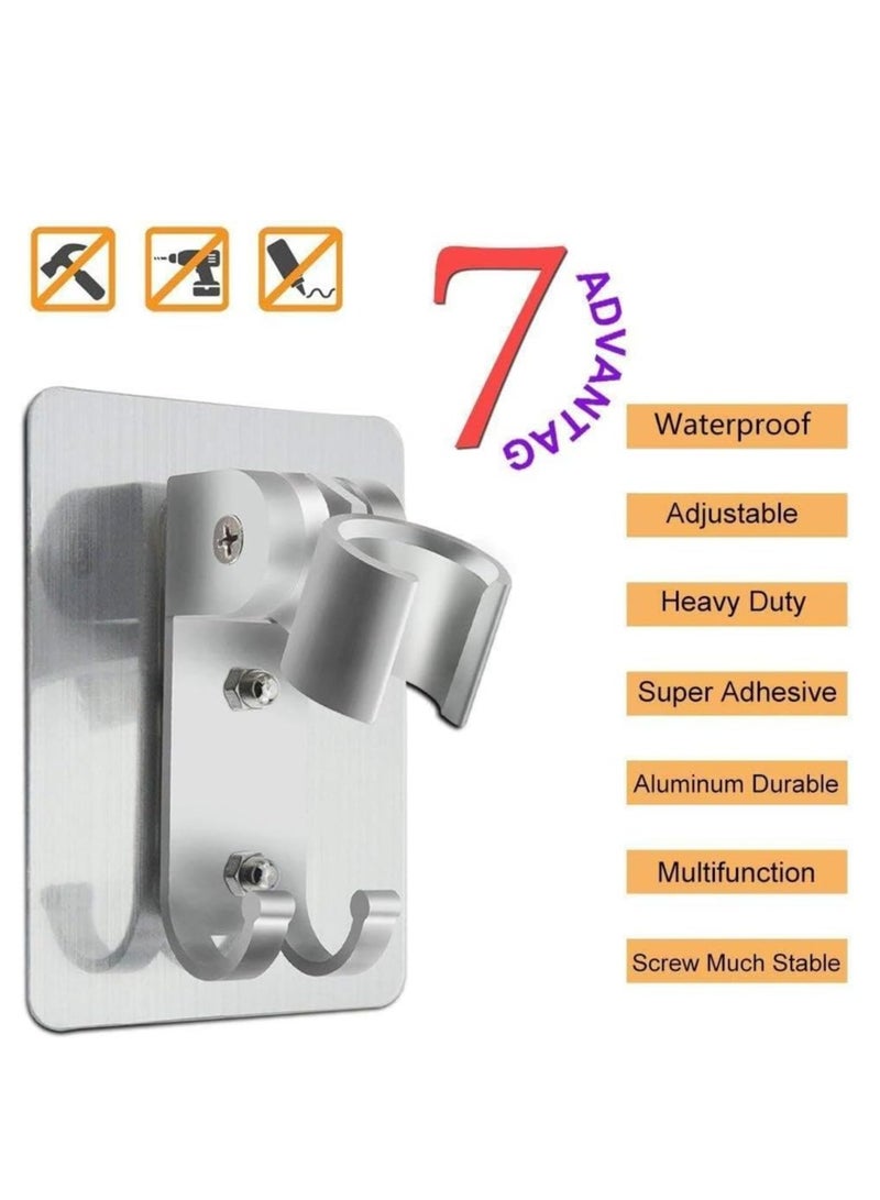 MJZ Adjustable Shower Head Holder Wall Mount Shower Bracket built in 2 hanger Hooks, Strong Adhesive Aluminum Shower Holder, Heavy Duty Handheld Shower Holder for Bathroom, Easy Installation No-Damage Hanging Strips, Space Aluminum - Image 2