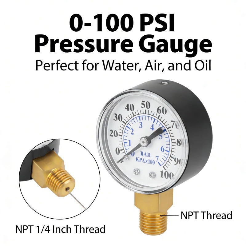 مقياس ضغط بار PSI مزدوج المقياس 0-100 رطل/بوصة مربعة 0-7 بار NPT 1/4 بوصة علبة معدنية - Image 3