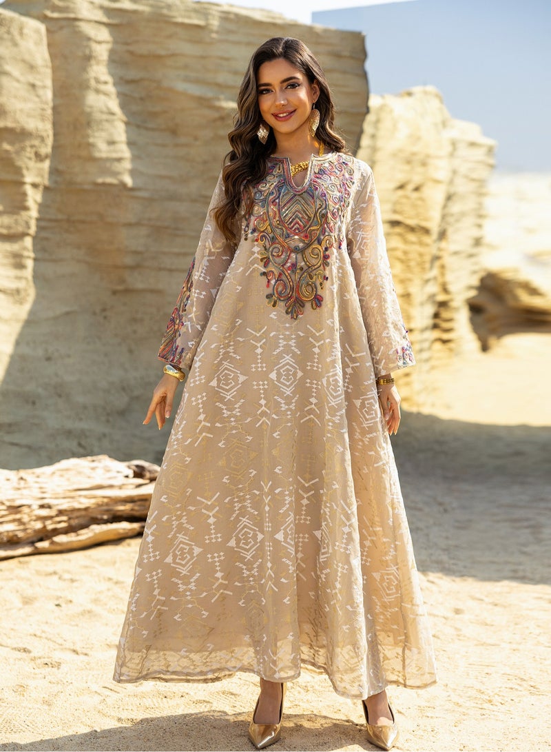 Dubai Embroidered Luxury Woman Evening Dress Mesh Sleeve Abaya Morocco Fashion Women Clothing 2025 ﻿  - Image 1