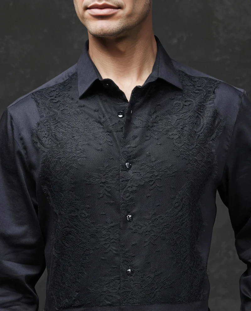 Rare Rabbit Men's Lace Embroidered Evening Shirt