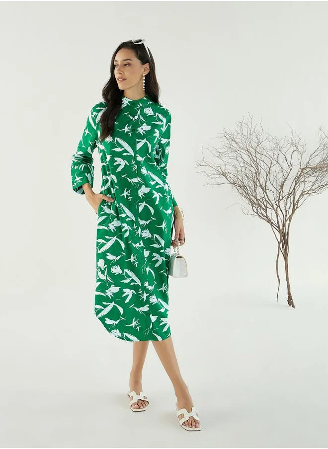 SASSAFRAS Floral Print Shirt Midi Dress with Side Pocket