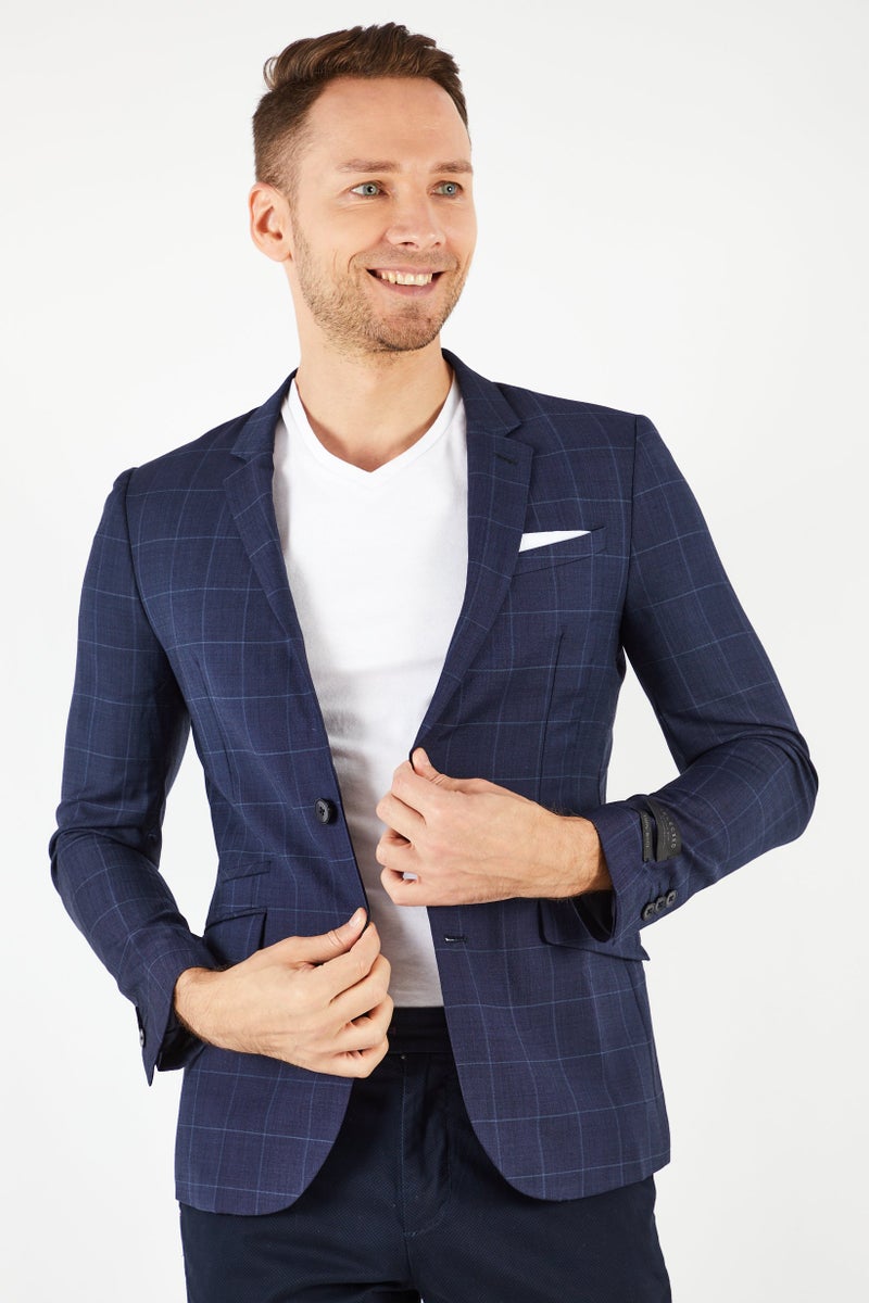 SELECTED Men Regular Fit Plaid Blazer, Navy - Image 1
