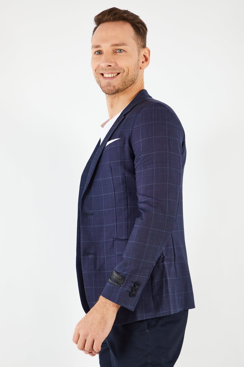 SELECTED Men Regular Fit Plaid Blazer, Navy - Image 3