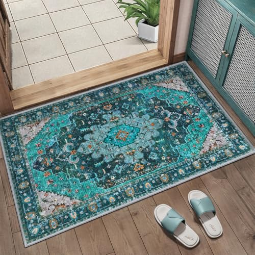 Ciicool Washable Area Rug 2x3ft Small Boho Rug, Teal Rugs for Entryway Non-Slip Entry Rugs Low-Pile Door Mat Floor Accent Carpet for Entrance Bedroom Kitchen Bathroom Foyer Decor - Image 1
