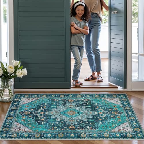 Ciicool Washable Area Rug 2x3ft Small Boho Rug, Teal Rugs for Entryway Non-Slip Entry Rugs Low-Pile Door Mat Floor Accent Carpet for Entrance Bedroom Kitchen Bathroom Foyer Decor - Image 2