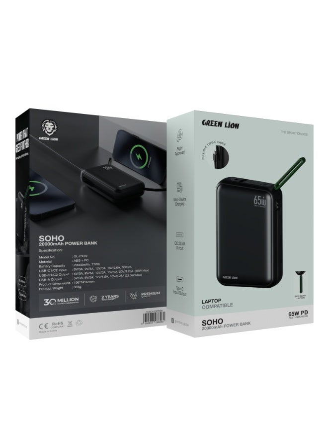 GREEN LION 20000mAh SOHO PD 65W Power Bank, Portable Pocket Size PowerBank with Detachable Type-C Cable, QC 22.5W Output, LED Battery Indicator, Easy Carry Lanyard, Flight Approved Power Bank with Safety Protection & Dual Device Charging - Black - Image 3