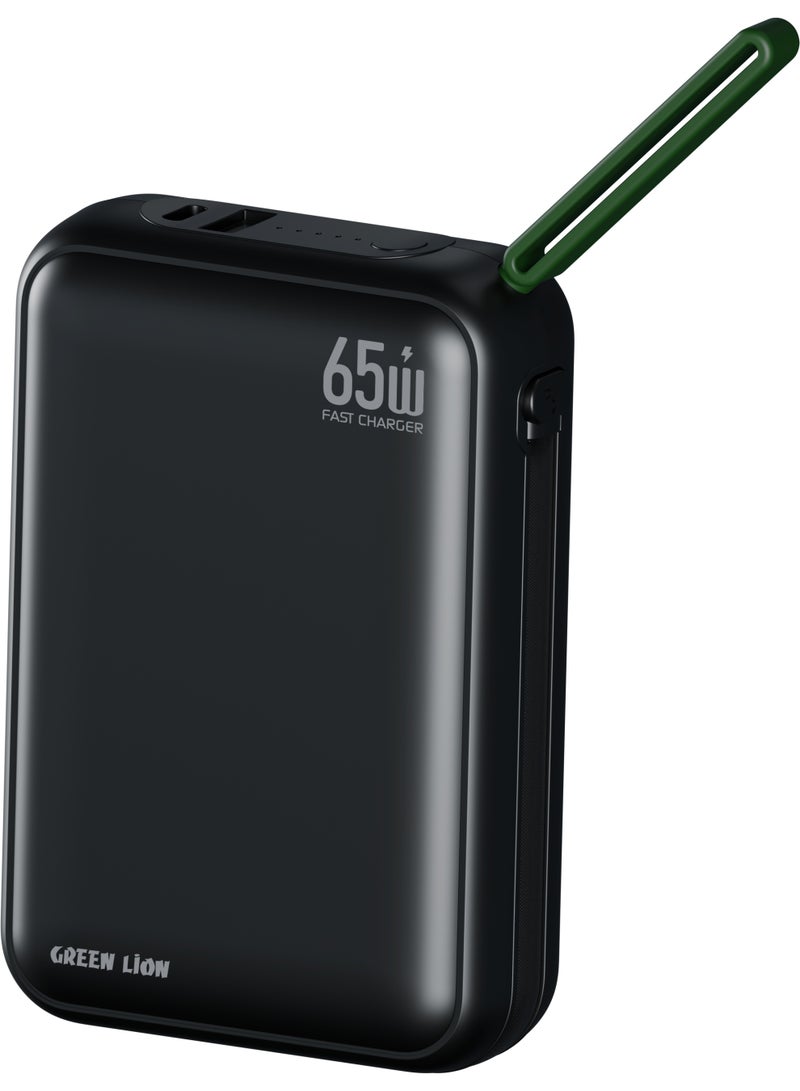 GREEN LION 20000mAh SOHO PD 65W Power Bank, Portable Pocket Size PowerBank with Detachable Type-C Cable, QC 22.5W Output, LED Battery Indicator, Easy Carry Lanyard, Flight Approved Power Bank with Safety Protection & Dual Device Charging - Black - Image 1