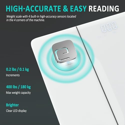 BalanceFrom ميزان BalanceFrom لوزن الجسم ميزان حمام رقمي دقيق للغاية للأشخاص، أكثر دقة، آلة وزن تعمل بالبطاريات مع شاشة LED، زجاج مقسى 400 رطل، أبيض - Image 4