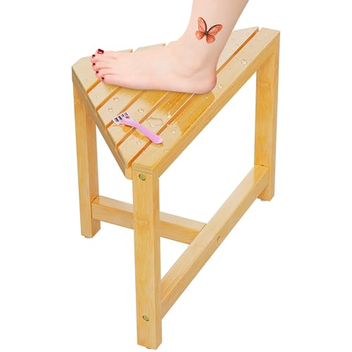 Zri Bamboo Shower Stool for Inside Shower Small Bamboo Corner Shower Foot Rest for Shaving Legs12 in High