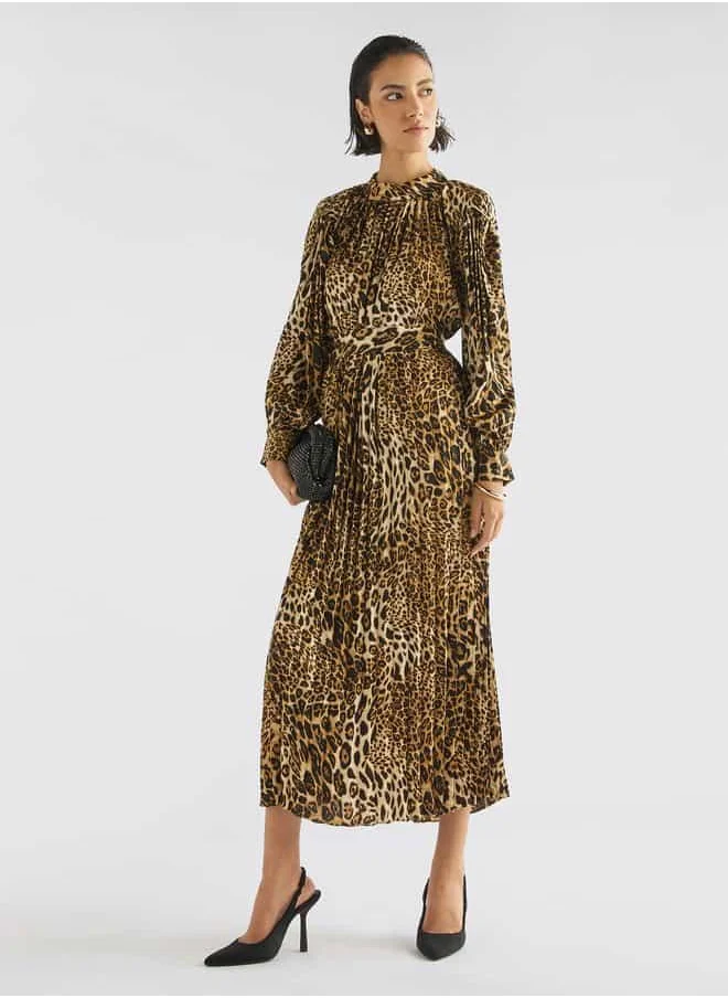 FAV Animal Print Midi Dress with High Neck and Long Sleeves