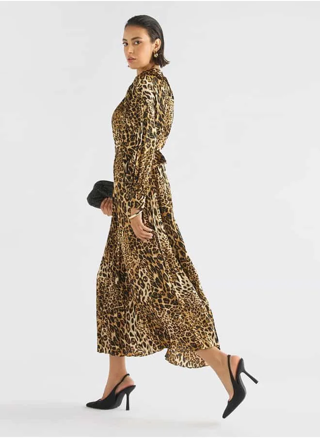 FAV Animal Print Midi Dress with High Neck and Long Sleeves