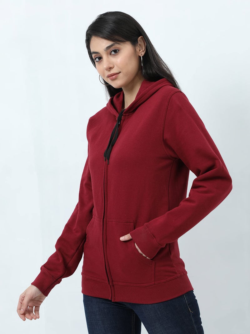 Wafaa Women's Cotton Plain Hooded Neck Full Zipper Maroon Color Regular Fit Sweatshirt Hoodies with Kangaroo Pocket X_Large Size - Image 3