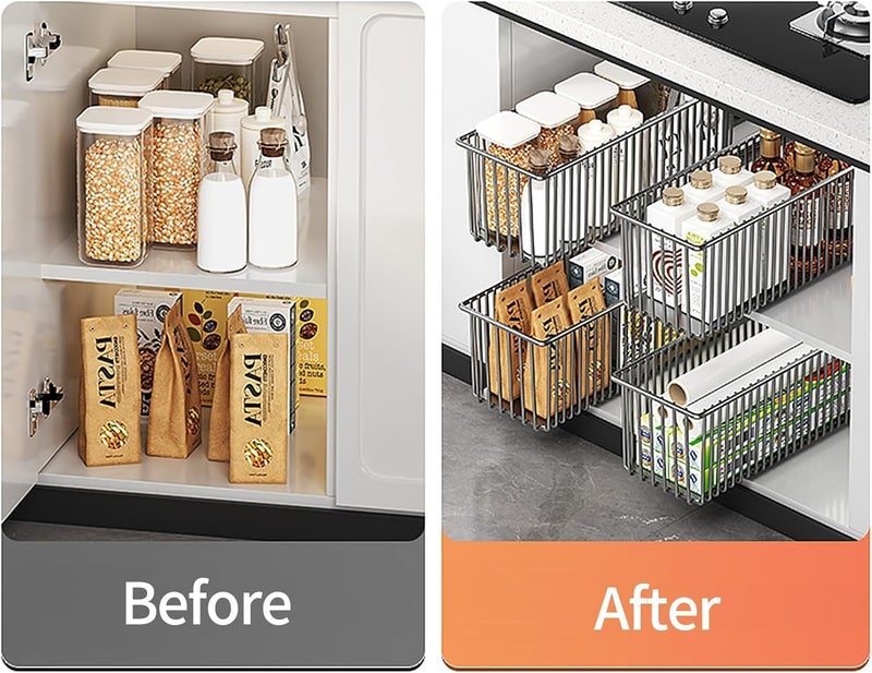 KASTWAVE Kitchen Cabinet Shelf Organizer, Pull-Out Cabinet Organizers, Slide-Out Storage Baskets with Adhesive Nano Film, Under-Sink and Pantry Shelves for Kitchen, Bathroom Organization (Black, 2-Pack) - Image 2