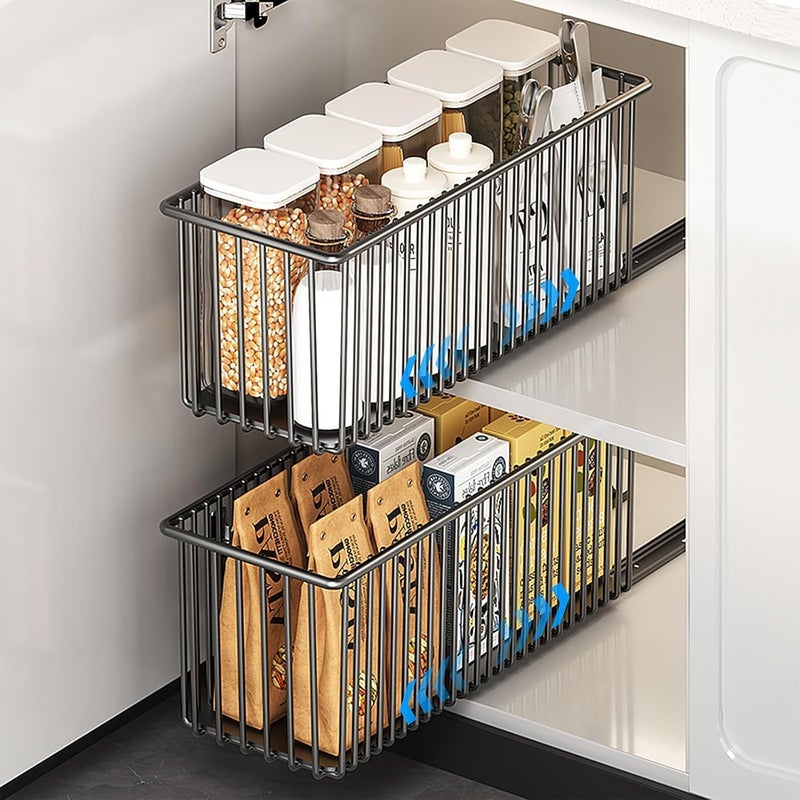 KASTWAVE Kitchen Cabinet Shelf Organizer, Pull-Out Cabinet Organizers, Slide-Out Storage Baskets with Adhesive Nano Film, Under-Sink and Pantry Shelves for Kitchen, Bathroom Organization (Black, 2-Pack) - Image 1