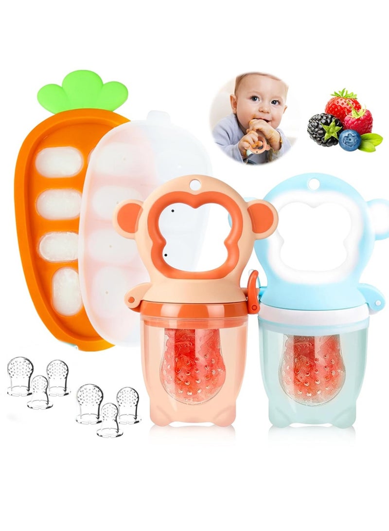 يوجي 9pcs الطفل الفاكهة الغذاء المغذية - السيليكون النبل علبة كومبو - حليب الأم Popsicle القالب للتبريد الإغاثة، BPA مجانا تغذية الشبكة للرضيع التغذية الذاتية (القرد الأزرق البرتقالي + الجزر) - Image 1