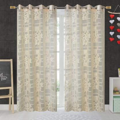 Parda Sansar Sheer Polyster Net Transparent Leaf Flower Light Brown Curtains Parda for Long Door 9 feet Pack of 2  - Image 1