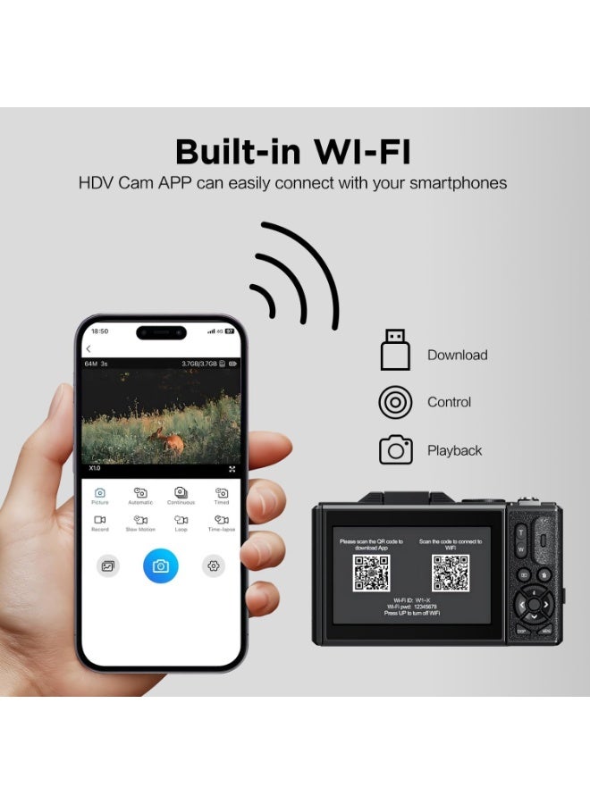 كاميرا رقمية 5K 75 ميجا بكسل للتصوير الفوتوغرافي مع تكبير 18X، كاميرا فيديو للمدونات على يوتيوب، مزودة ببطاقة SD بسعة 128 جيجابايت، شاشة قابلة للطي 3 بوصات، كاميرا سيلفي مضادة للاهتزاز للمبتدئين للبنين والبنات - Image 5