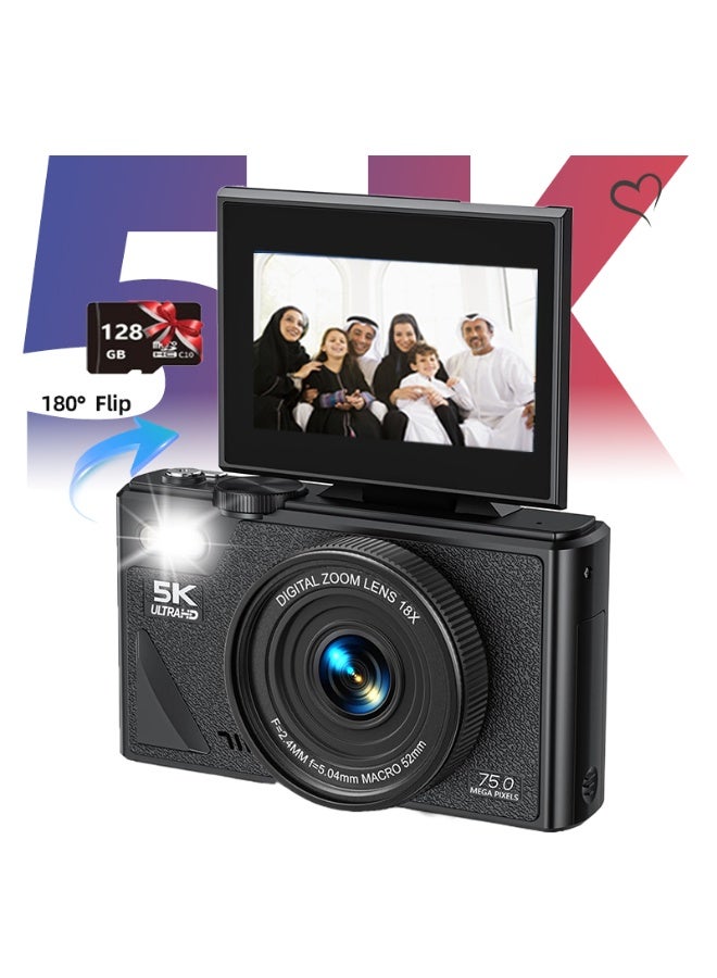 كاميرا رقمية 5K 75 ميجا بكسل للتصوير الفوتوغرافي مع تكبير 18X، كاميرا فيديو للمدونات على يوتيوب، مزودة ببطاقة SD بسعة 128 جيجابايت، شاشة قابلة للطي 3 بوصات، كاميرا سيلفي مضادة للاهتزاز للمبتدئين للبنين والبنات - Image 1