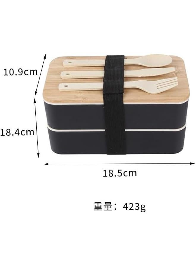 Japanese-Style Bento Box Lunch Container Set with Stainless Steel Fork and Spoon (Black) - Image 2