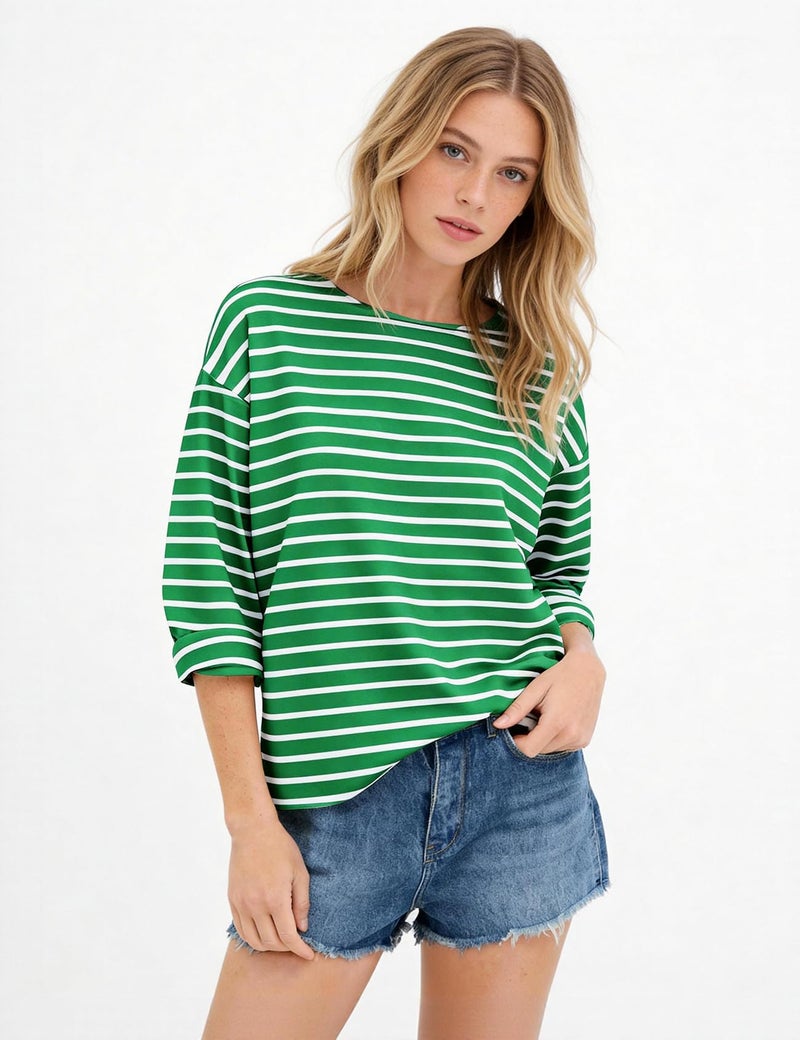 PEHMEA Women's Long Sleeve Striped T-Shirt Cotton Crewneck Top for Women Casual Loose Fit Shirts (GreenWhite-S) - Image 2