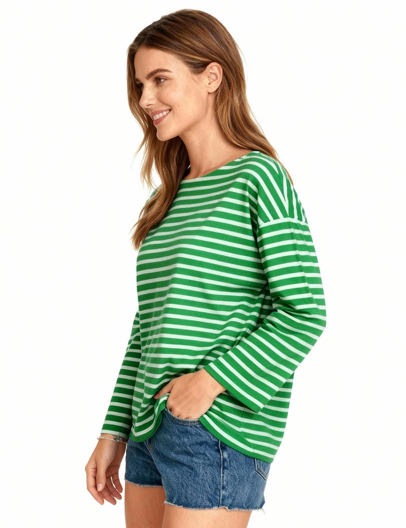 PEHMEA Women's Long Sleeve Striped T-Shirt Cotton Crewneck Top for Women Casual Loose Fit Shirts (GreenWhite-S) - Image 3