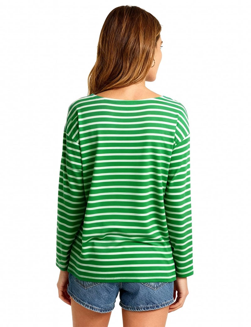 PEHMEA Women's Long Sleeve Striped T-Shirt Cotton Crewneck Top for Women Casual Loose Fit Shirts (GreenWhite-S) - Image 4