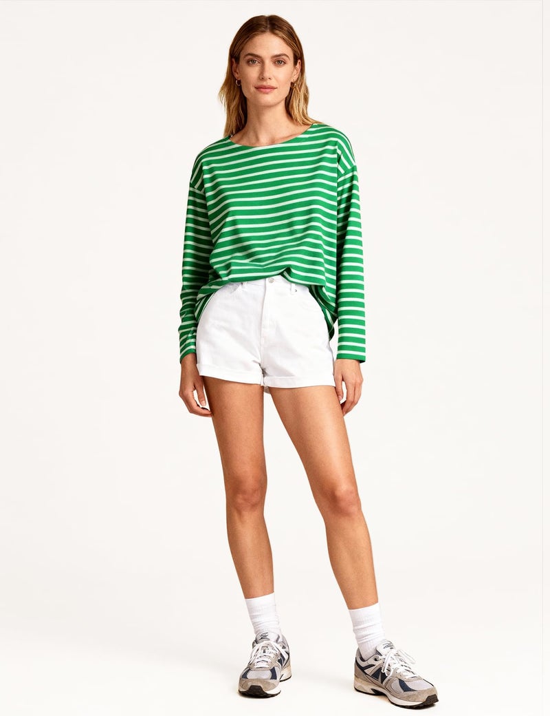 PEHMEA Women's Long Sleeve Striped T-Shirt Cotton Crewneck Top for Women Casual Loose Fit Shirts (GreenWhite-S) - Image 5