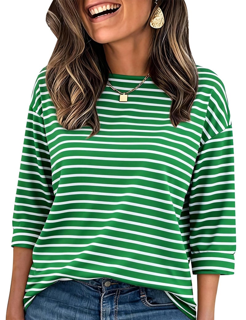 PEHMEA Women's Long Sleeve Striped T-Shirt Cotton Crewneck Top for Women Casual Loose Fit Shirts (GreenWhite-S) - Image 1