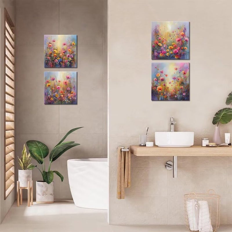 Wall HDQ Colorful Flower Canvas Wall Art for Living Room Bathroom Bedroom Prints Framed 4 Plane(12''W x 12''H x4) - Image 5