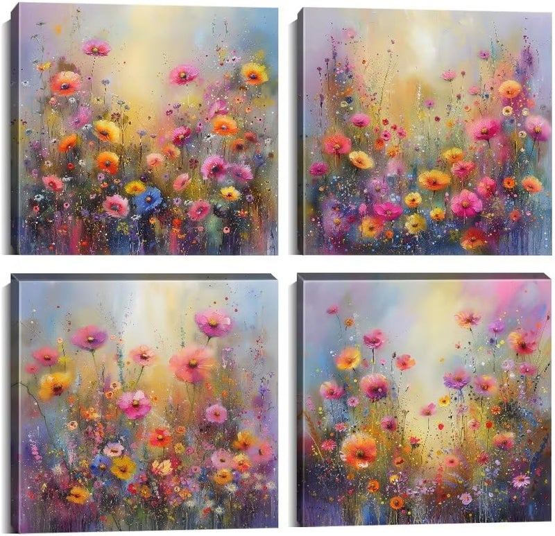 Wall HDQ Colorful Flower Canvas Wall Art for Living Room Bathroom Bedroom Prints Framed 4 Plane(12''W x 12''H x4) - Image 1
