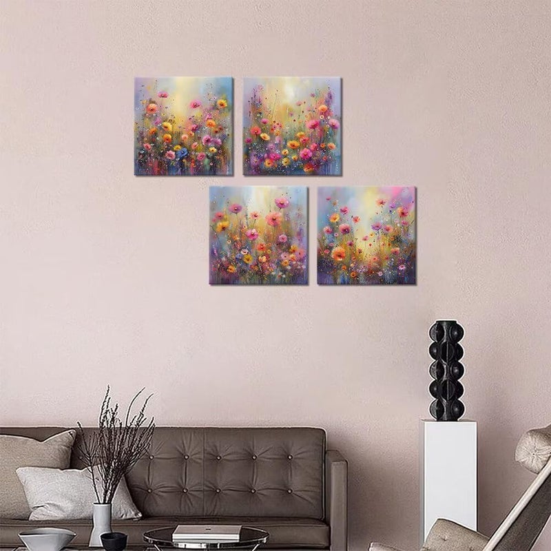 Wall HDQ Colorful Flower Canvas Wall Art for Living Room Bathroom Bedroom Prints Framed 4 Plane(12''W x 12''H x4) - Image 2
