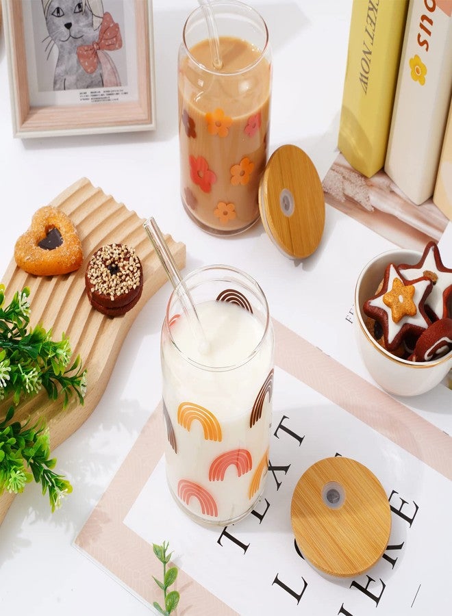 وولاين مجموعة أكواب قهوة مثلجة من والين، 4 قطع، بتصميم بوهيمي، مع أغطية من الخيزران وماصات، سعة 16 أونصة، أكواب شرب بتصميم ريترو أنيق، أكواب زجاجية على شكل علبة بيرة مزينة بزهرة ووجه قوس قزح، مناسبة للمشروبات الغازية والكوكتيلات والويسكي والقهوة والشاي والماء والنبيذ - Image 3