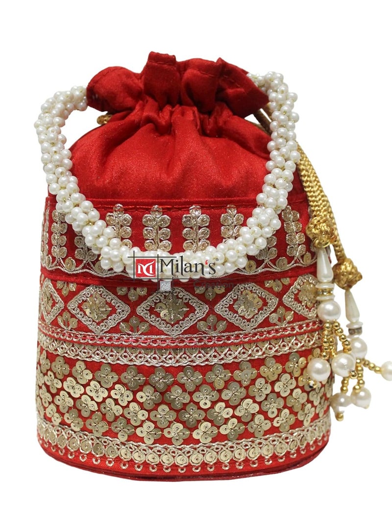 MILAN'S CREATION Raw-Silk Designer Potli Bag for women with Golden Embroidery and Pearl Handle Tassel - Image 1