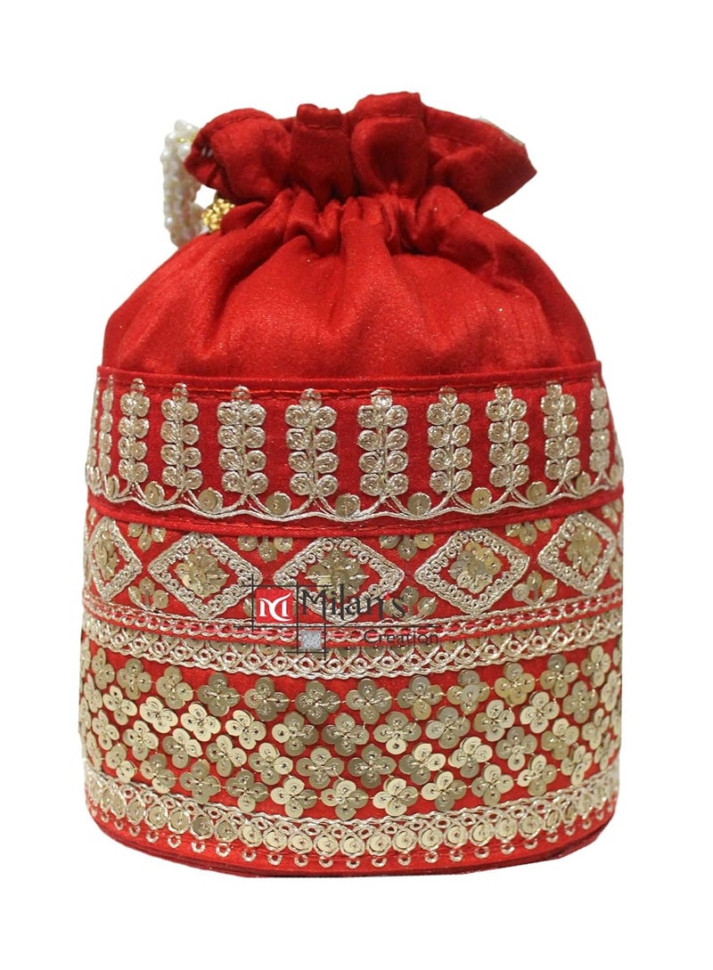 MILAN'S CREATION Raw-Silk Designer Potli Bag for women with Golden Embroidery and Pearl Handle Tassel - Image 4